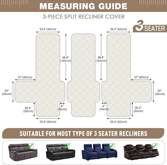 TAOCOCO 100% Waterproof Recliner Sofa Covers 3 Seater Split Couch Covers
