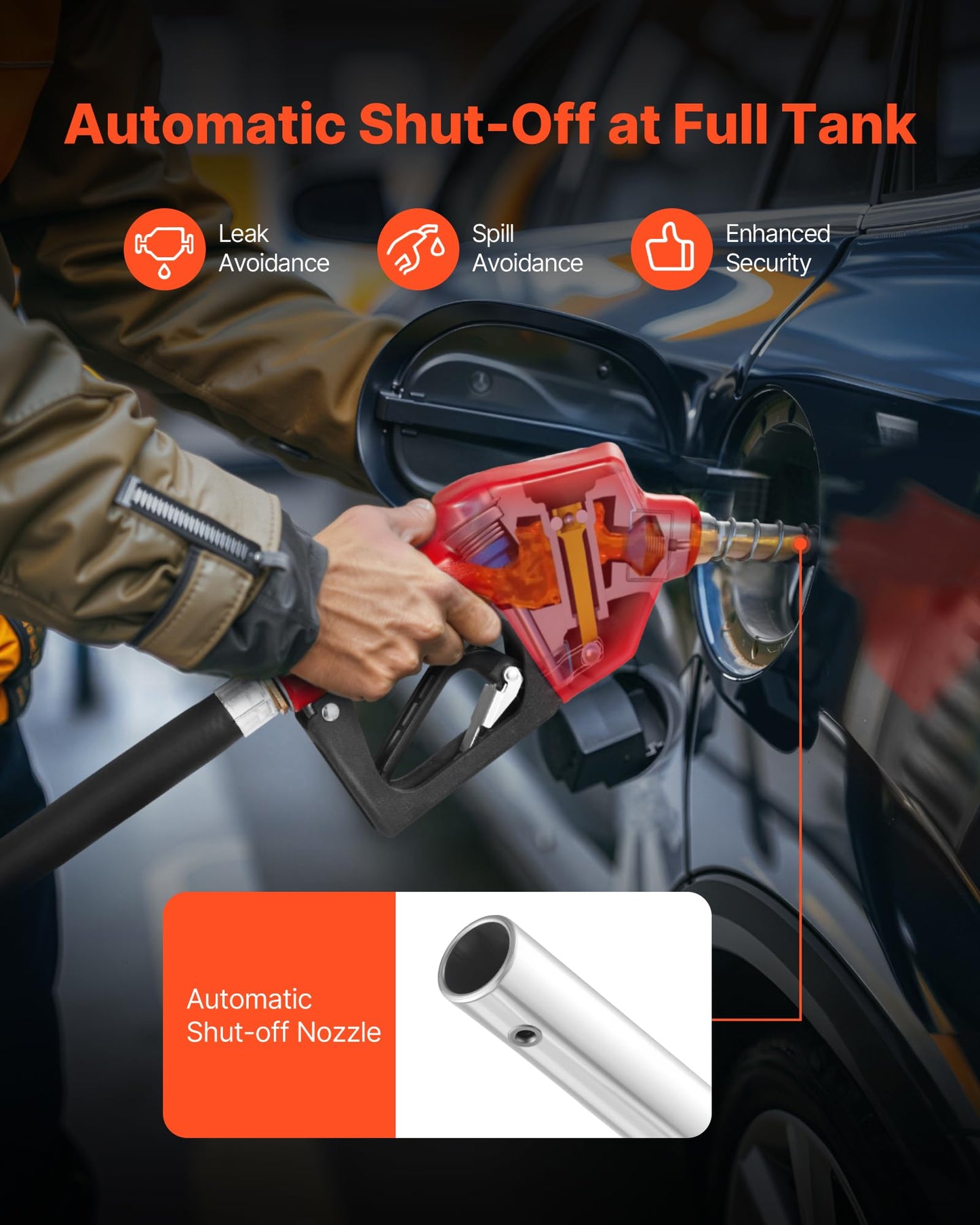 VEVOR 3/4" NPT Automatic Fuel Nozzle with 20Ft hose, Max Rate 11.8 GPM, Auto Shut Off Diesel Gas Pump Nozzle with 3-Speed Trigger Lock & 13/16" (OD=20 mm) Spout for Gasoline, Diesel, Kerosene, Red