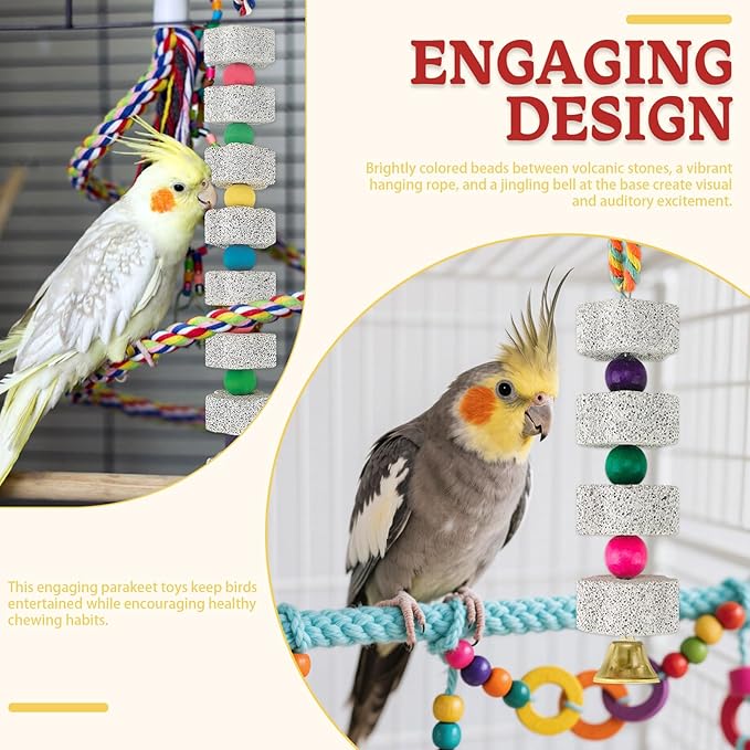 2 Pack Parrot Chewing Toys, Bird Beak Grinding Calcium Stone with Bell, Lava Mineral Block Cage Accessories for Parakeet Budgie Macaw Cockatoo Cockatiel Rat, Long
