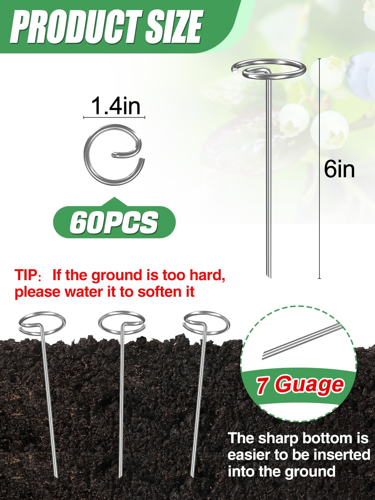 60 Pcs 7 Gauge Thickened Landscape Staples, 6in Anti-Rust Galvanized Garden Stakes, Heavy Duty Landscape Circle Top Pins, Ground Cover Fabric Stakes for Securing Lawn Fabric Weed Barrier