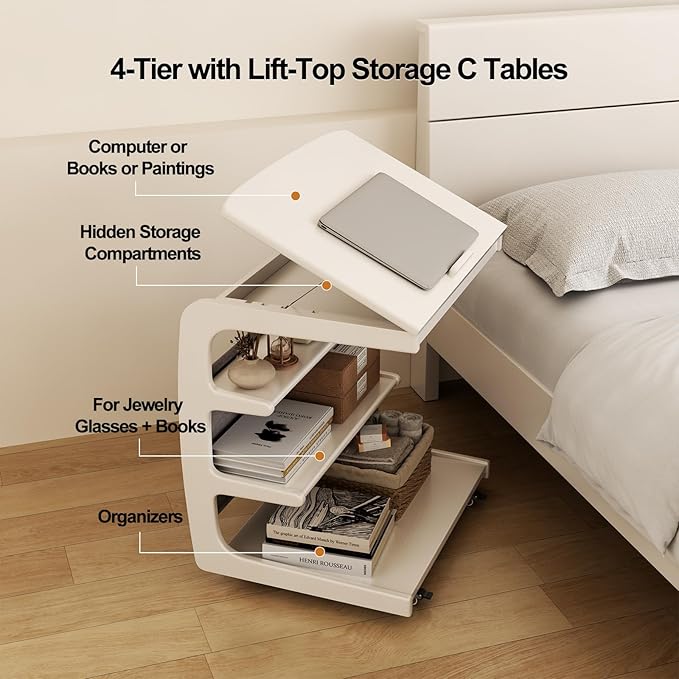 AQIMUELE Rolling Side Table, C Shaped End Table, C Table