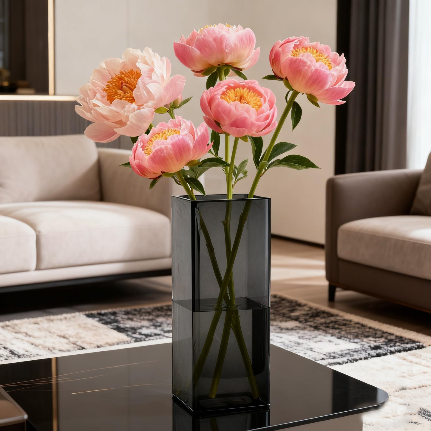 Guluto Acrylic Square Flower Vase, Non-breakable Vase, 5" x 5" x 10" Tall Grey Vases for Flower, Large Cube Floral Plant Container, Planter Terrarium for Wedding Party Event, Home Office Decor