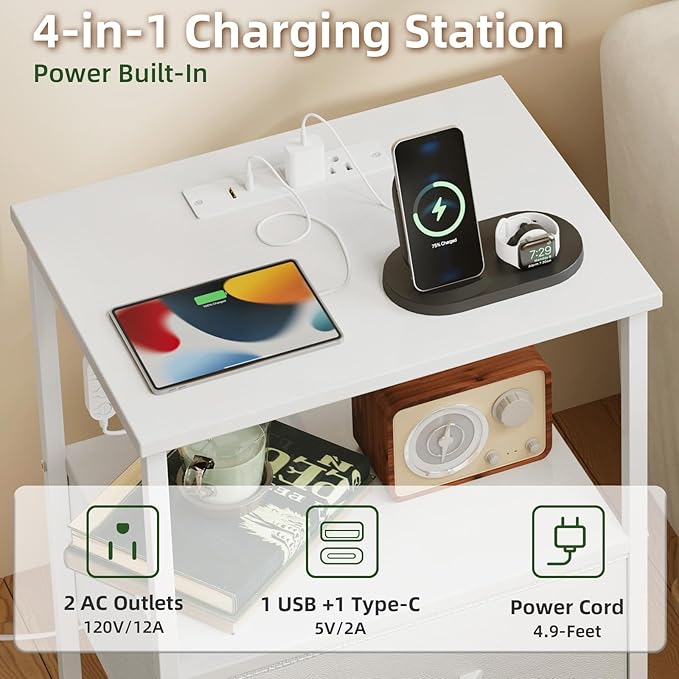 Somdot White Nightstand with Charging Station and LED Light