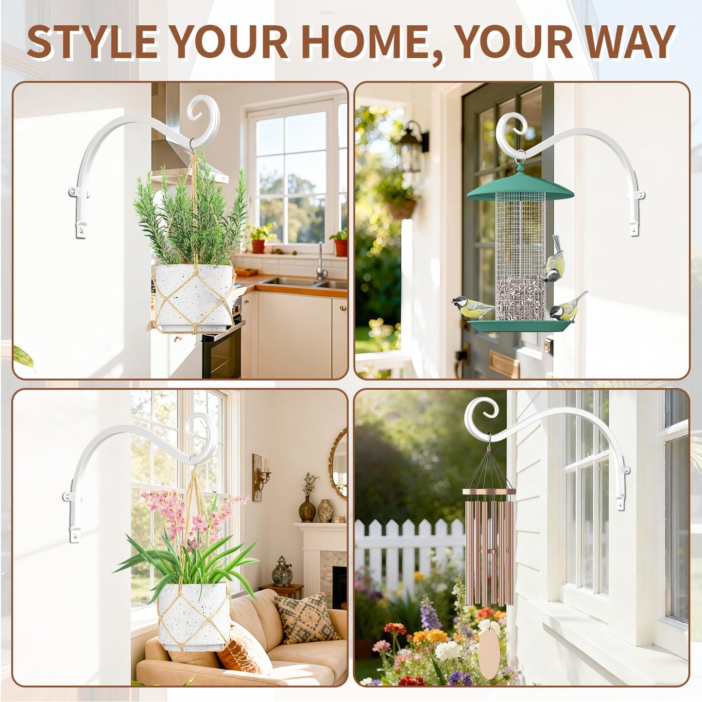 LASZOLA 2 Pack 12 Inch Hanging Plant Brackets, Heavy Duty Iron Wall Hooks for Planter, Bird Feeder, Wind Chime, Lantern, Rust Proof Decorative Hangers for Indoor Outdoor Garden Patio Fence, White