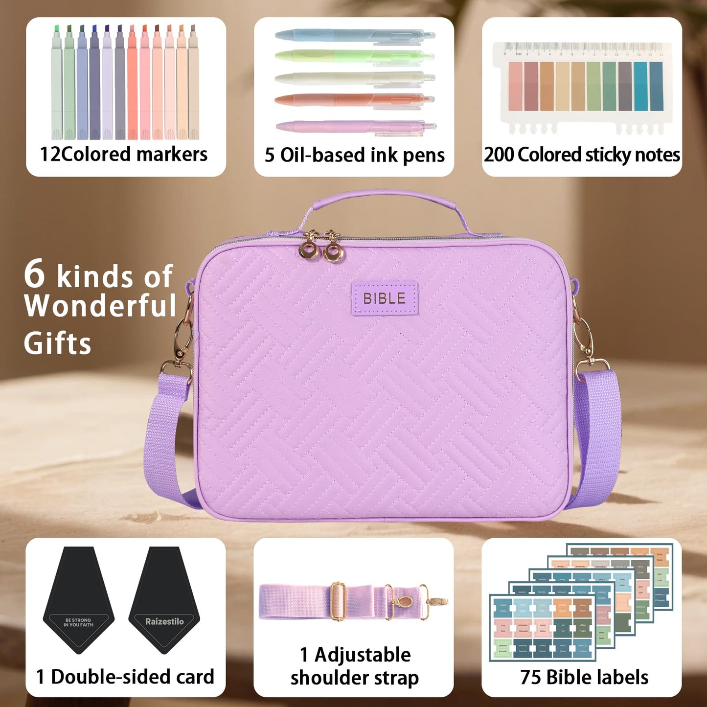 Bible Cover for Women Bible Case, Large Bible Bag, Bible Study Supplies Bible Journaling Kit Book Carrying Case with Bible Highlighters Tabs, Valentines Day Christian Gifts for Women(Purple)