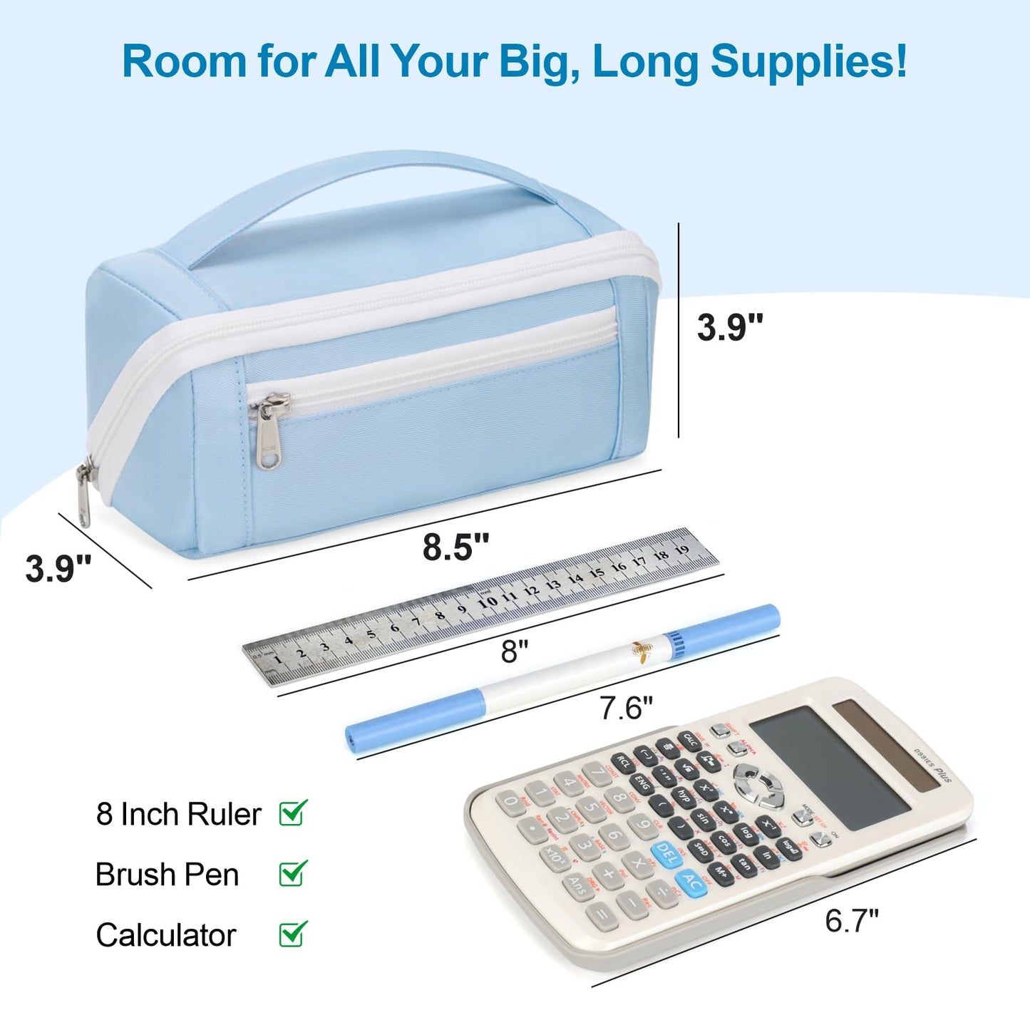 BrainyBees Large Capacity Pencil Case - Pencil Pouch for Teen Girls & Boys, Aesthetic Pouch Organizer with 8 Compartments, Wide Opening Marker Bag for Middle High School College, Fits Calculator, Blue