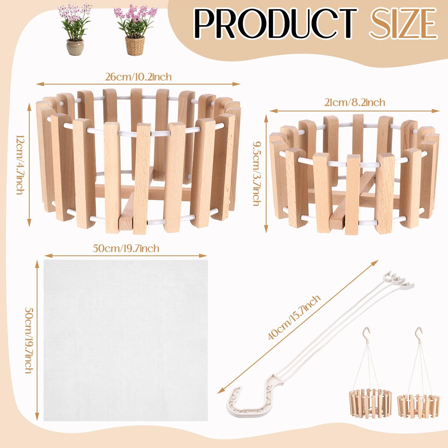 Yiyiring 2 Pcs Hanging Orchid Pots with Holes, Wooden Orchid Planter with Hangers, 8 & 10 Inch Rustic Specialist Pots for Vanda Oncidium Cattleya, Solid Beech Wood Slatted Basket