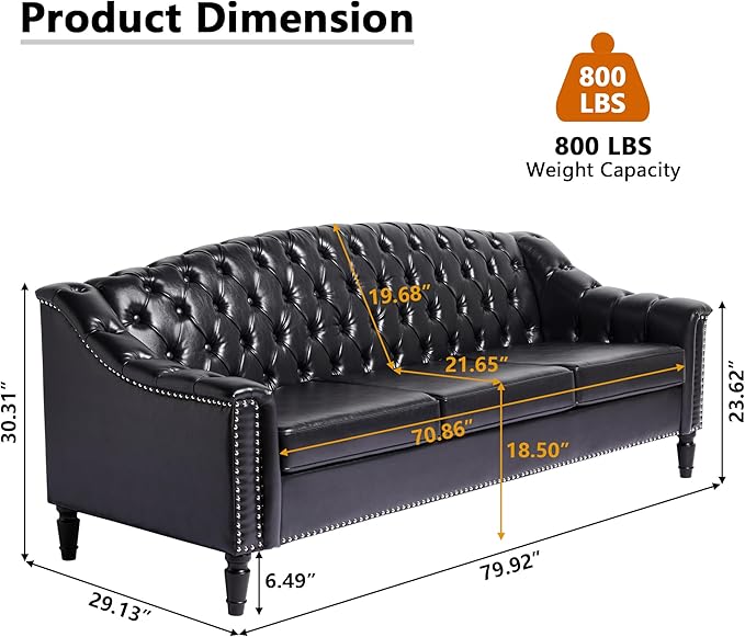 LEVNARY Mid-Century Modern Leather Couch, Chesterfield Sofa Sleeper Settee