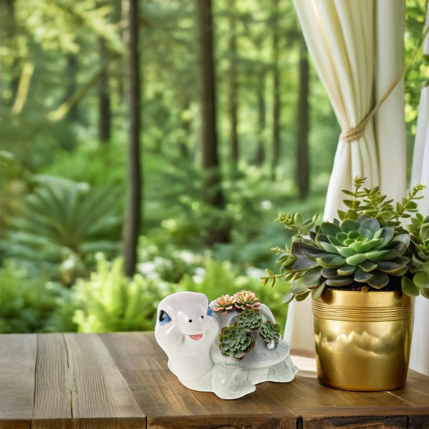 DOITOOL Cute Hand-Painted Ceramic Animal Succulent Planter Pot for Indoor Outdoor Desk Decor, Small Turtle Shape Porcelain Flower Pot, Unique Tiny Cartoon Flowerpot