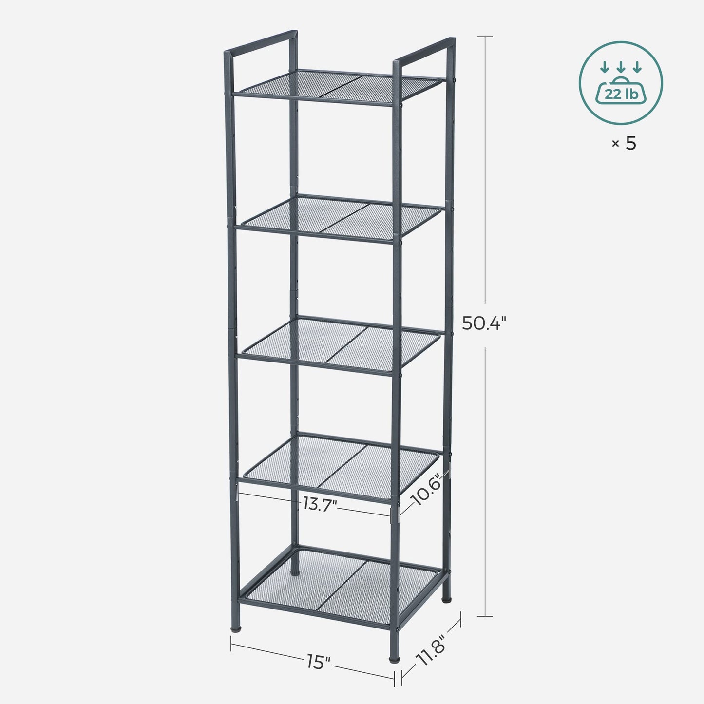 SONGMICS 5-Tier Storage Rack, Bathroom Shelf, Extendable Plant Stand with Adjustable Shelf, for Bathroom, Living Room, Balcony, Kitchen, Black UBSC35BK, 11.8 x 15 x 50.4 Inches