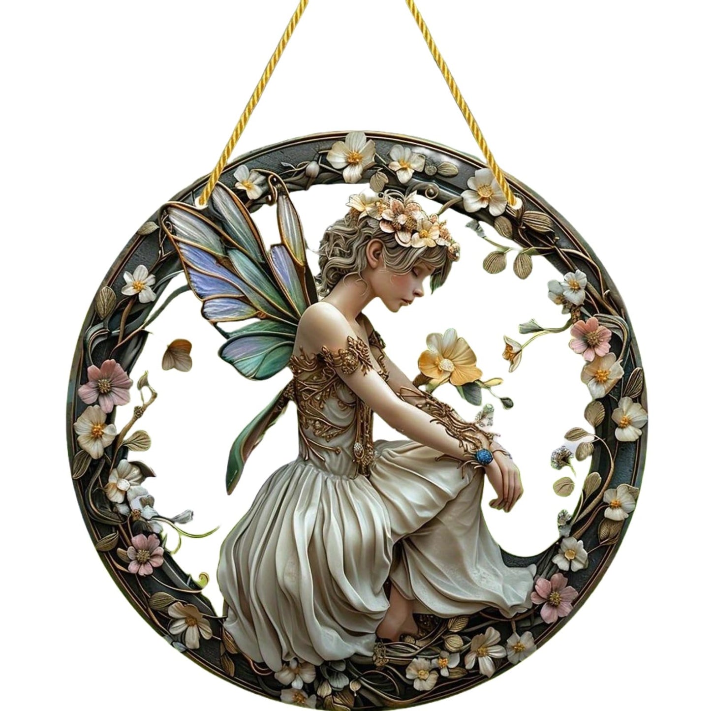 VTYFRY Flower Fairy Garden Decorations Angel Wing Christmas Halloween Deco Statue Art Elf Sculpture Hanging Craft for Outdoor Yard Courtyard Lawn Patio Window Acrylic Ornament Home Gift (B,S: 6*6 IN)