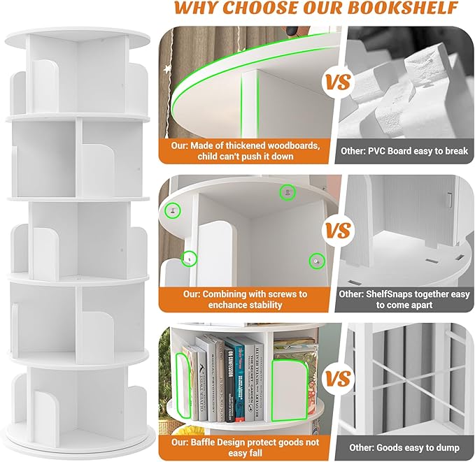 Aheaplus Rotating Bookshelf, 360 Display Wood Spinning Bookshelf Tower