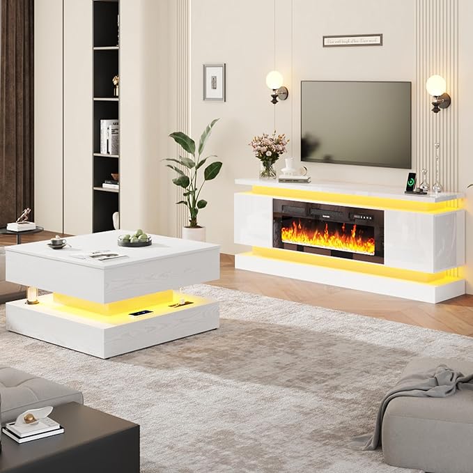 chartustriable 71IN LED TV Stands w/40 inch Fireplace Power Outlet