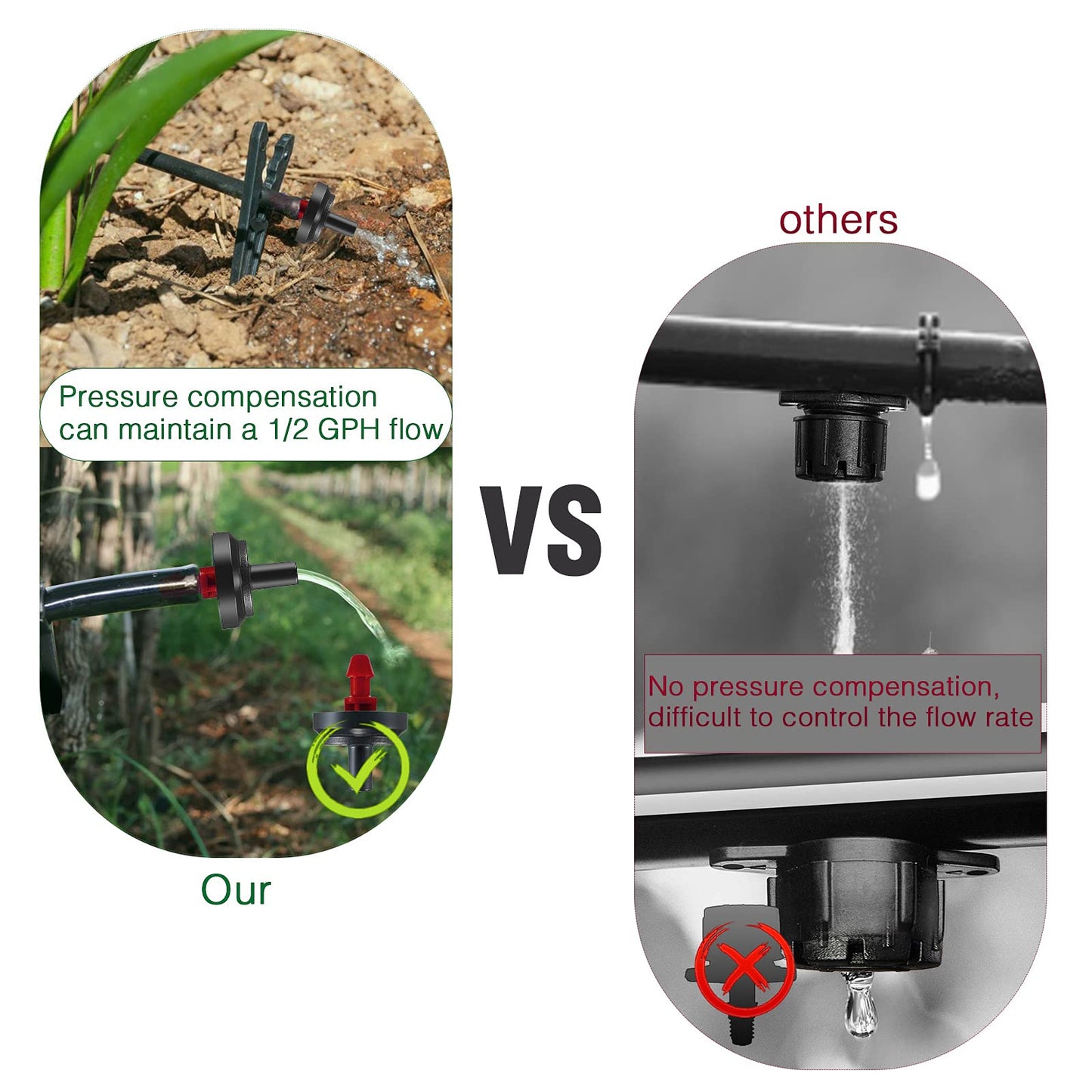 LiquiDrip 1/2 GPH Irrigation Drippers & Drip Emitters Maintain Constant Flow, 1/2 GPH Pressure Compensating Drippers, 1/2 GPH Inline Drippers & Drip Irrigation Emitters, 50 Per Bag, Red/Black