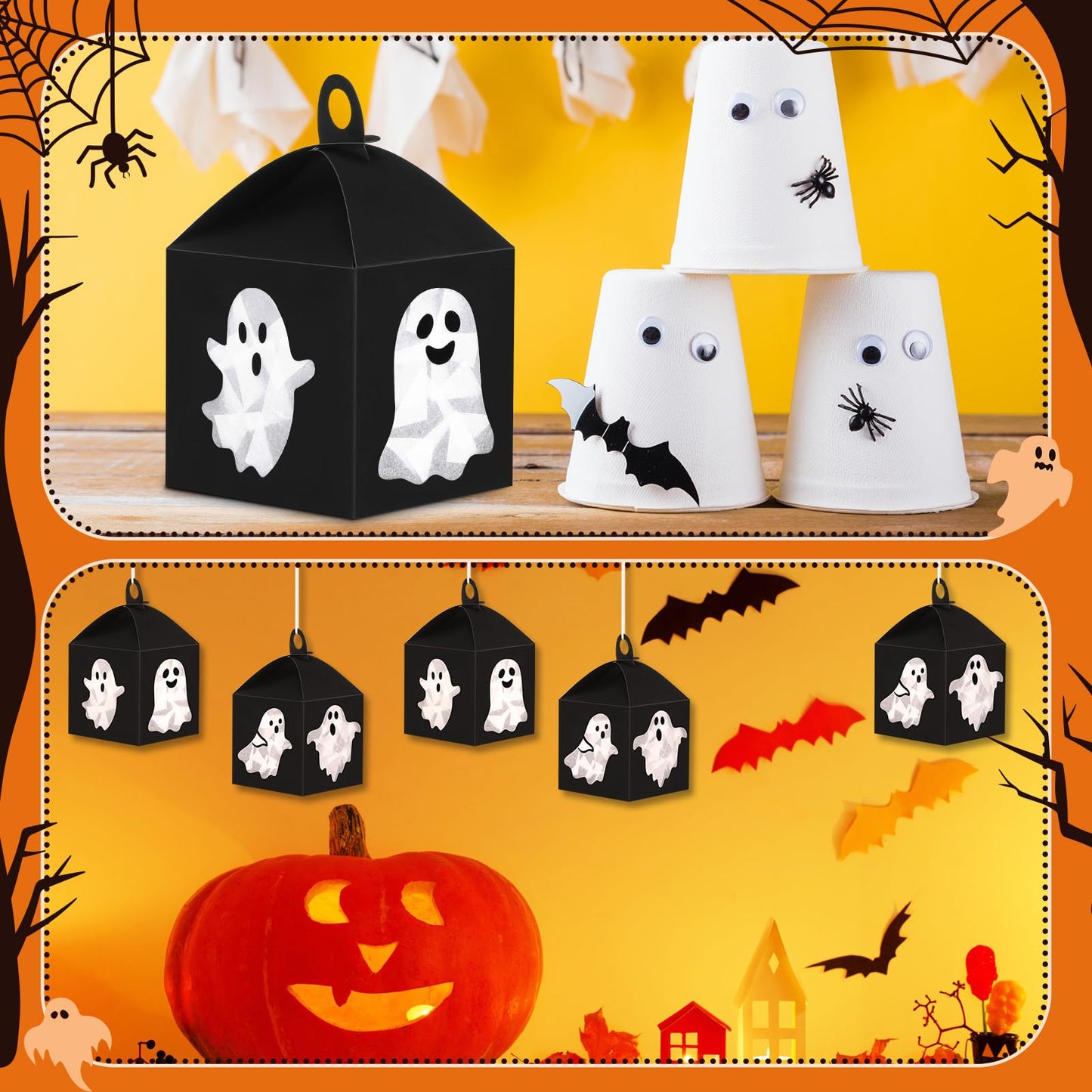 VIHOSE 16 Sets Halloween Ghost Paper Crafts Tissue Paper Lanterns Craft Kits Bulk Make Your Own Suncatchers Hanging Ornament DIY Spooky Supplies for Halloween Party Trick or Treat Party Decors