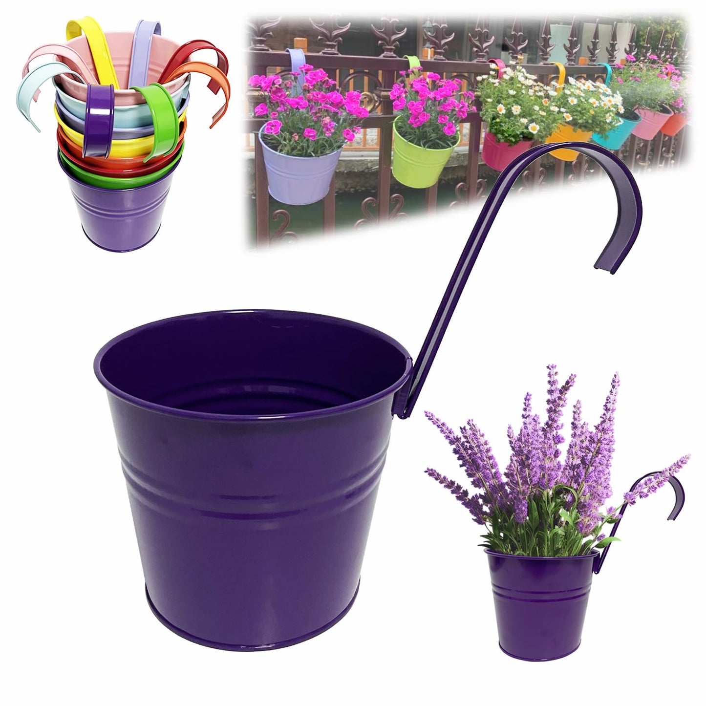 8 Pieces of 6.3 Inch Metal Iron Hanging Flower Pots, Balcony Planters Railing Hanging,Colorful Hanging Flower Pots, Garden Fence Balcony Home Decoration, with Drainage Holes and Detachable Hooks