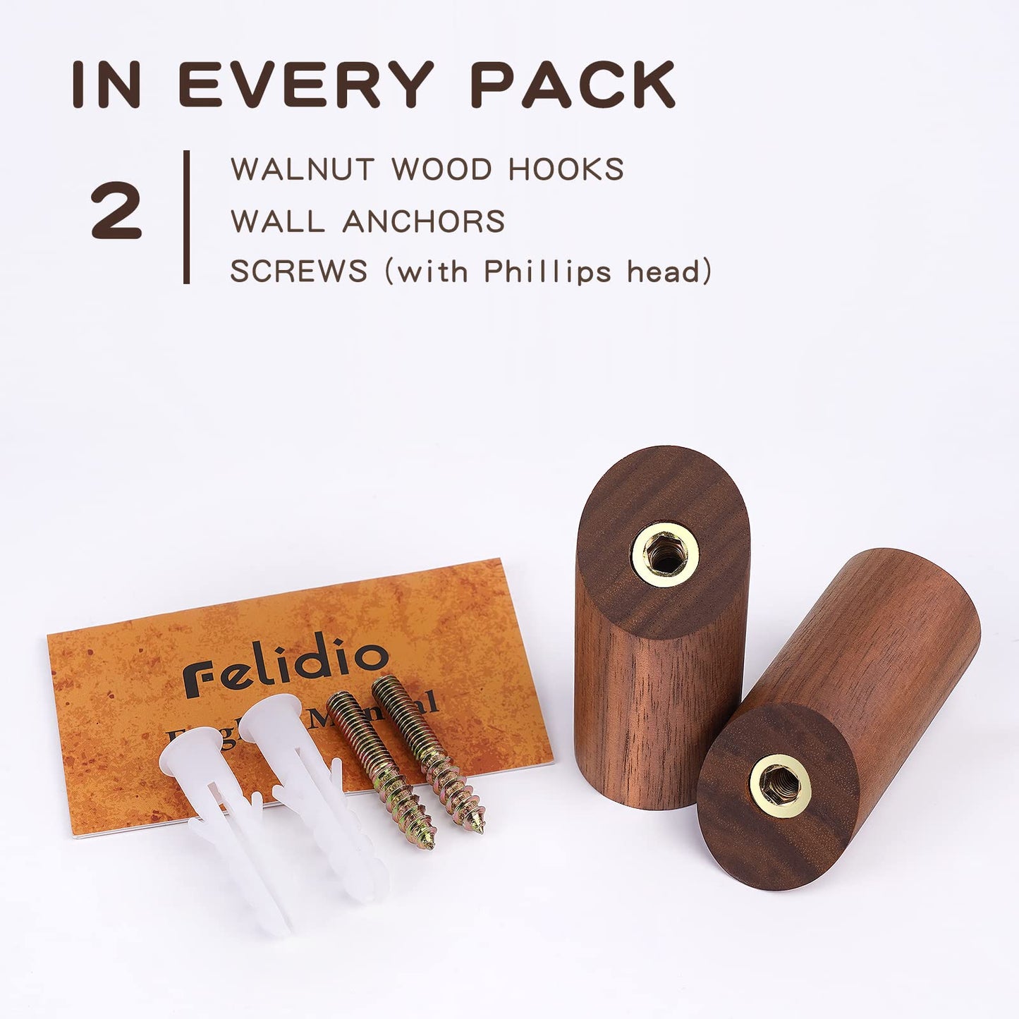 Felidio Wooden Wall Hooks, 2 Pack Coat Hooks Wall Mount, Natural Wood Hooks Coat Rack, Heavy Duty Hooks for Hanging Towels Entryway Coats Hat Rack for Wall (Walnut Wood)