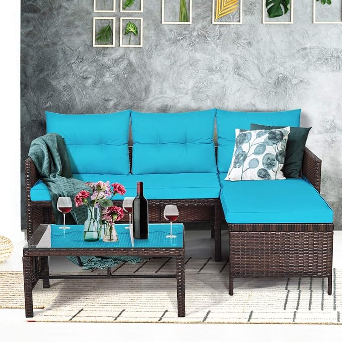 Tangkula Patio Corner Sofa Set 3 Piece, Outdoor Rattan Sofa Set, Includes