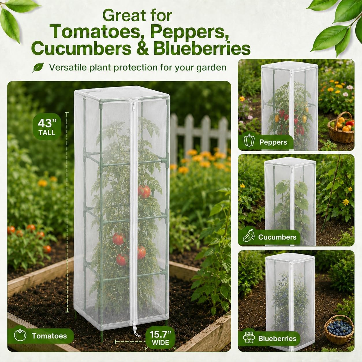Halatool Garden Tomato Plant Cover Netting, Fits 40–50" Tall Square Tomato Cages, Garden Bird Netting with Zipper & Drawstring, Insect Barrier, Plant Covers from Insects Animals, 2 Pack, 43"×15.7"