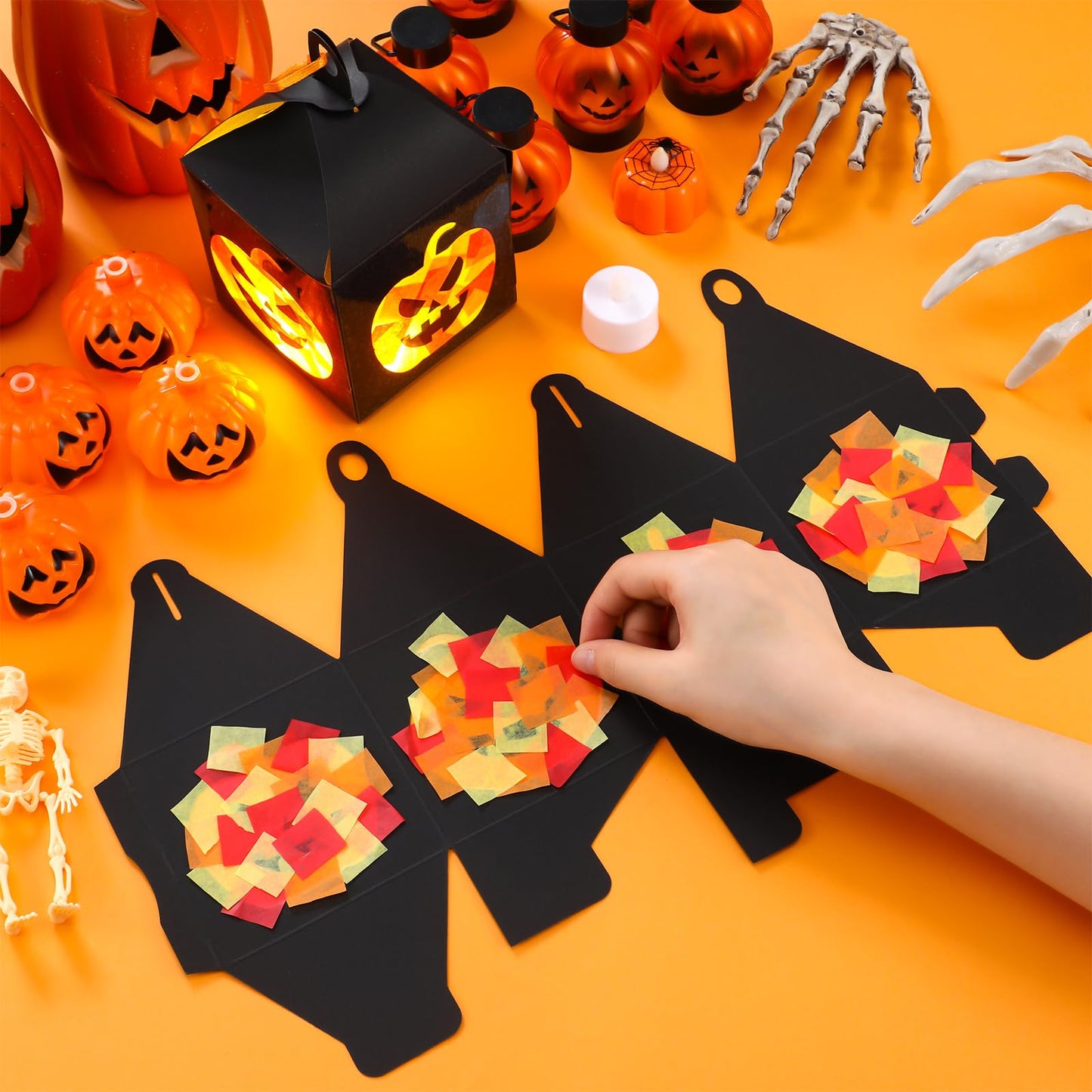 Simgoing 12 Sets Halloween Jack-O-Lantern Crafts with LED Candlelight Jack-o-Lantern Tissue Paper Crafts Kits DIY Pumpkin Suncatchers Lanterns Kits Hanging Spooky Supplies for Halloween Party Decors