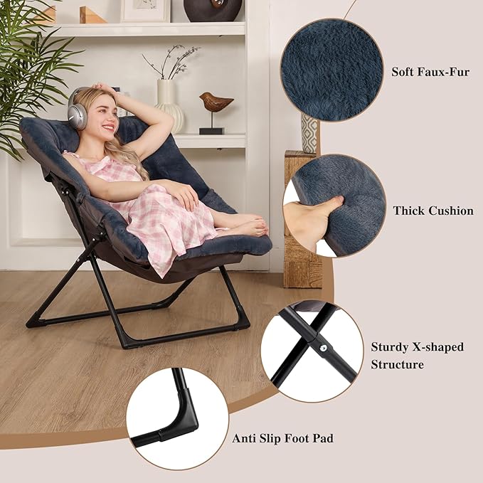 Comfy Saucer Chair for Adults, Soft Faux Fur Bedroom Chair, Accent Dorm Chairs