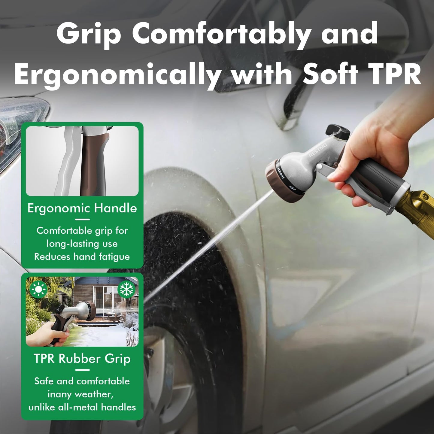 RESTMO Garden Hose Nozzle, Heavy Duty Metal Water Hose Nozzle with 7 Adjustable Spray Patterns, High Pressure Hand Sprayer with Flow Control, Best for Watering Plant & Lawn, Washing Car & Pet, Brown