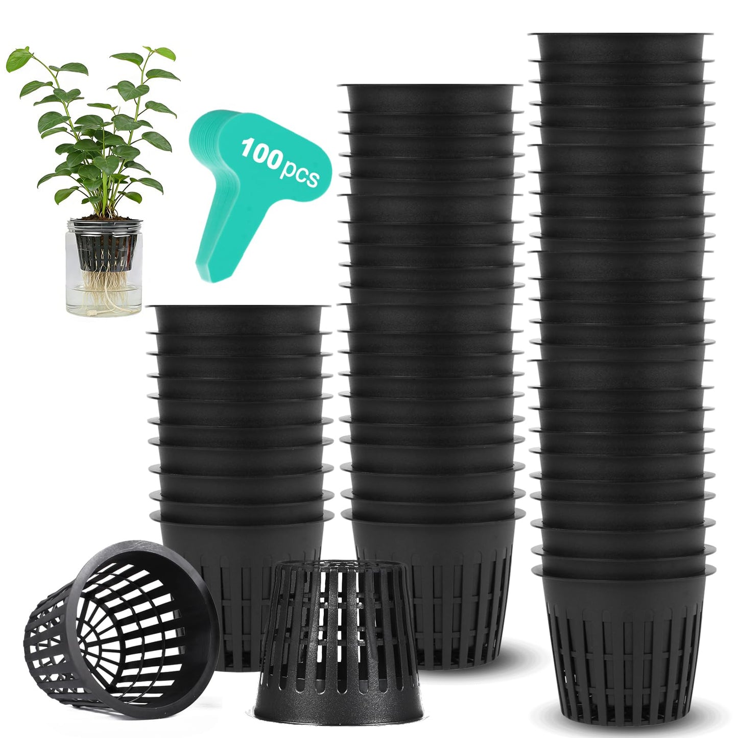 100PCS 2 inch Net Cups Pots, with 20 Plant Labels for Hydroponics Aquaponics Planter Indoor Outdoor Growing Baskets Slotted Mesh