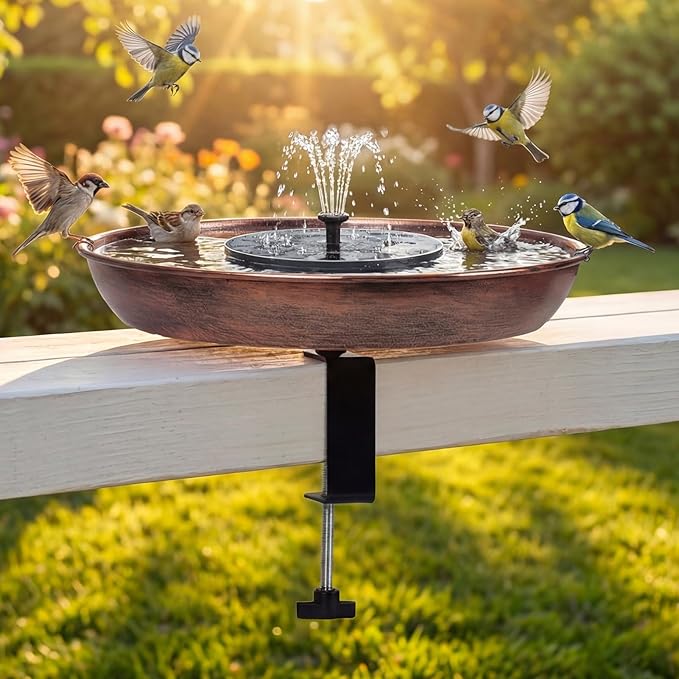 Edenseelake Deck Mounted Metal Bird Bath with Solar Powered Fountain for Outside, Detachable Birdbaths Bowl with Adjustable Steel Clamp for Feeder Railing Balcony Fence Yard