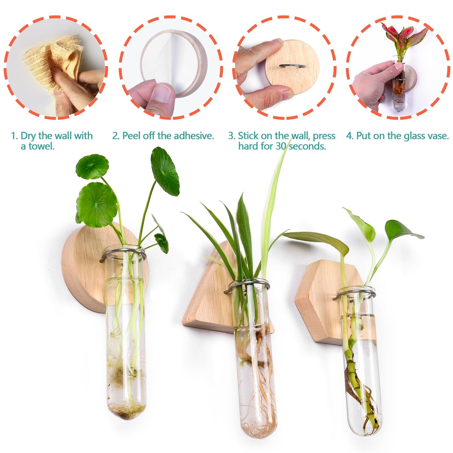 MITIME Wall Hanging Planter Glass Plant Propagation Station,Geometric Wooden Stand for Home Office Decoration.