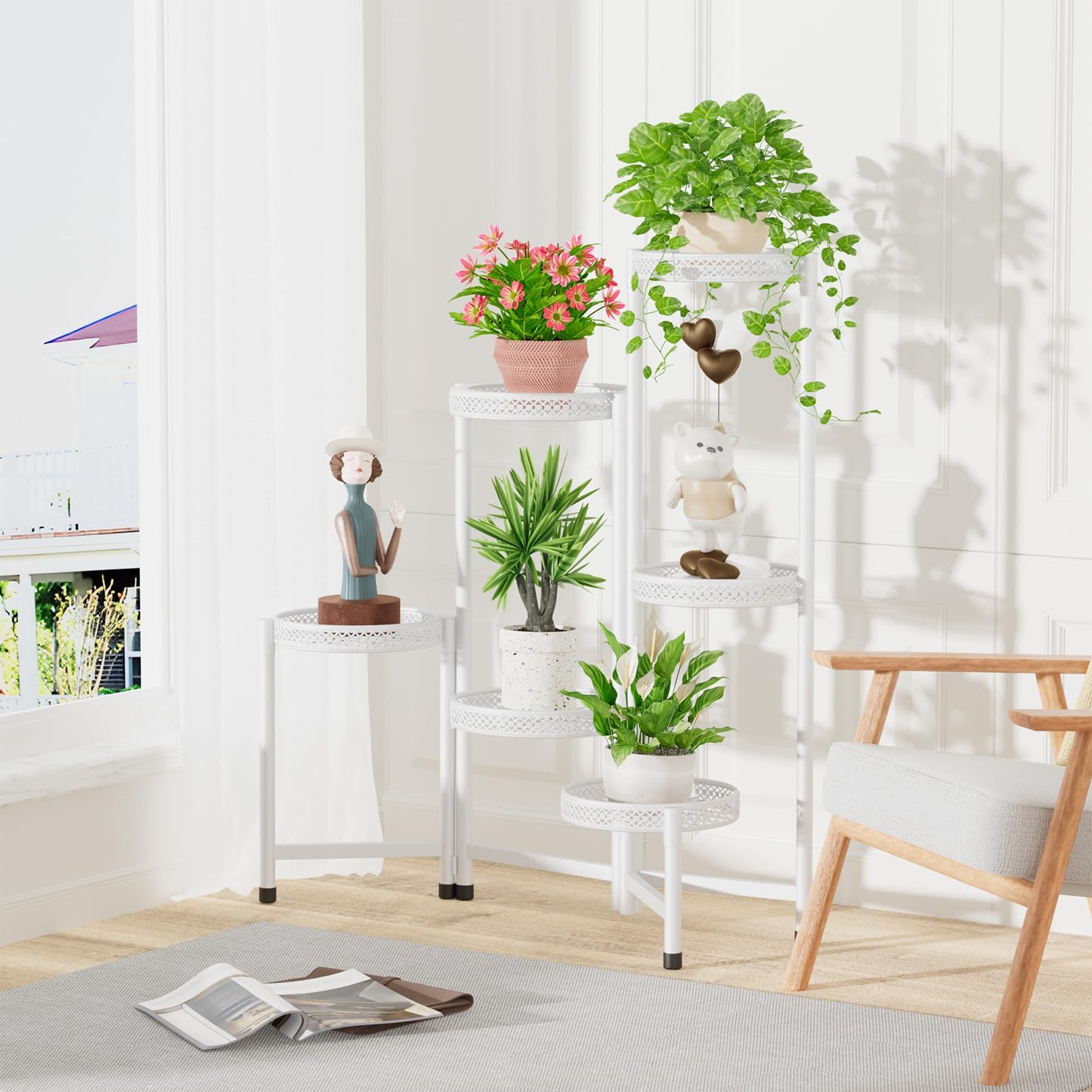 iDavosic.ly Plant Stand Indoor Outdoor, 6 Tier Corner Metal Flower Display Holder Shelf, Folding Tall Orchid Rack for Patio Balcony Porch Garden Living Room House, Wrought Iron - White