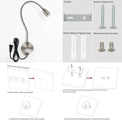 LED Wall Reading Light with USB Charging Port, Dimmable Gooseneck Bedside Lamp, Flexible Arm, 3W, (Nickel, 120V Plug in, Warm White)