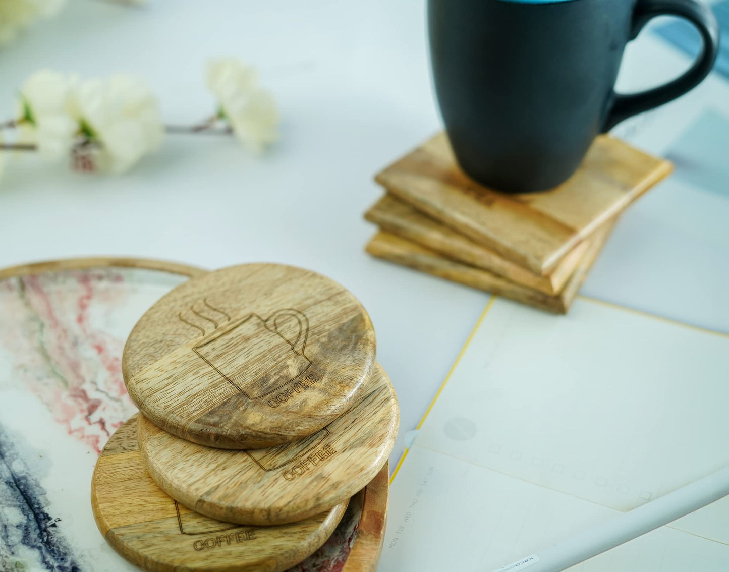 Wooden Coaster for Coffee Cups Glass & Can Table Decor | Wooden Coaster Set of 6 | 3 Round Coffee & 3 Square Tea Style Coaster Set | Handmade Design for Mug & Cup