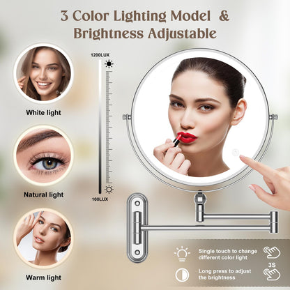 9" Wall Mounted Makeup Lighted Mirror, 4000mAh Rechargeable Double Sided LED Vanity Mirror with Height Adjustable&1X/10X Magnification, 3 Color Lights Touch Screen Dimmable 360°Swivel Bathroom Mirror