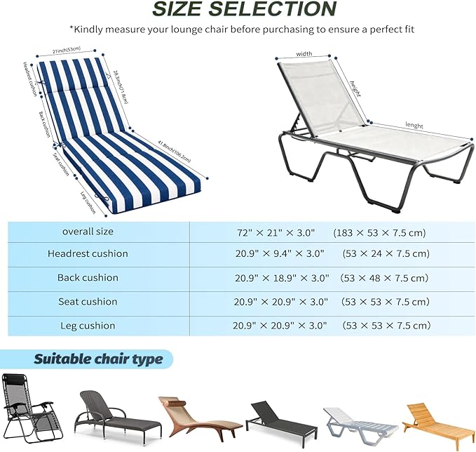 2 Pcs Outdoor Chaise Lounge Cushion 72" x 21" x 3", Folding Patio Lounge Chair