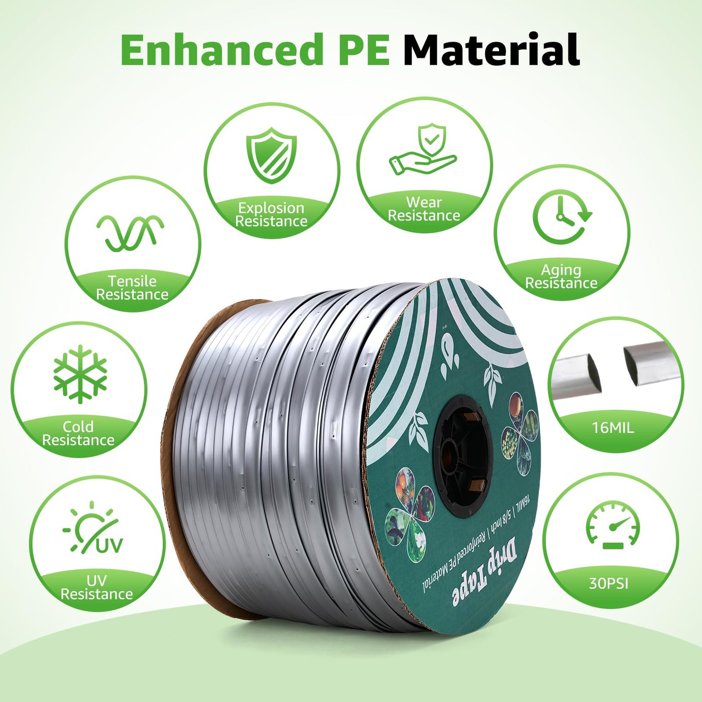 3000FT 5/8" Drip Tape Irrigation, 16 Mil Heavy Duty with 6" Emitter Spacing, Silver Reflective Drip Tape Resistant to Pecking & Biting, Heat-Safe for Seedlings, Ideal for Garden Farm Greenhouse Patio