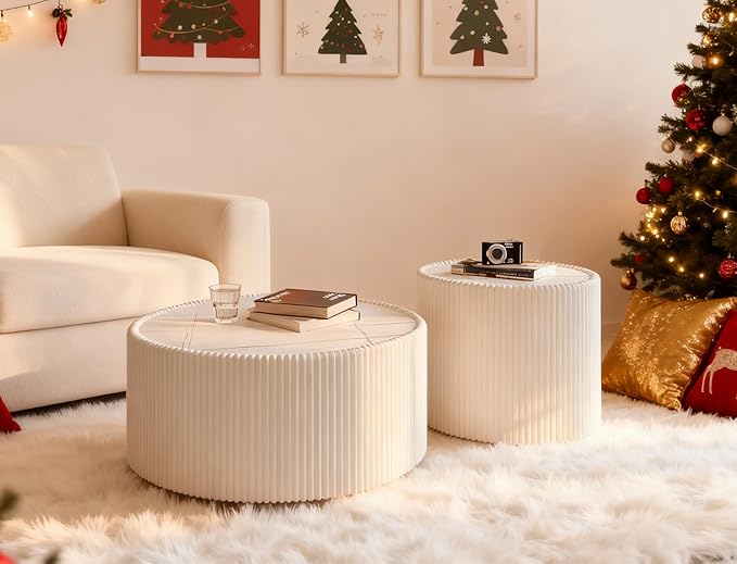 White Marble Round Coffee Table, 29.52" Fluted Coffee Table