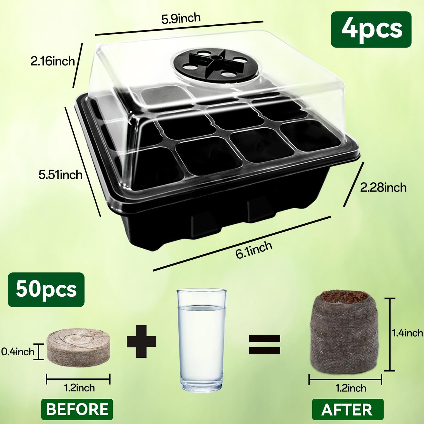 Halatool 8 Pack Seed Starter Tray with 100 PCS Peat Pellets, 96 Cells Black Seeding Starter Trays for Organic Seed Starter Soil Pods for Planting Vegetables Plants Flowers - Starting Seeds Kit