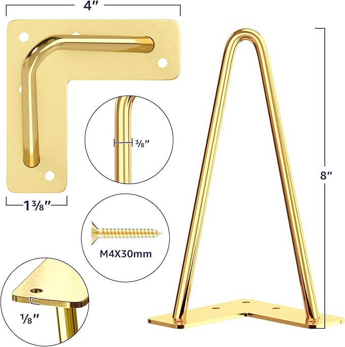 SMARTSTANDARD 8 Inch Hairpin Furniture Legs, 3/8'' Rods Metal Home DIY Projects