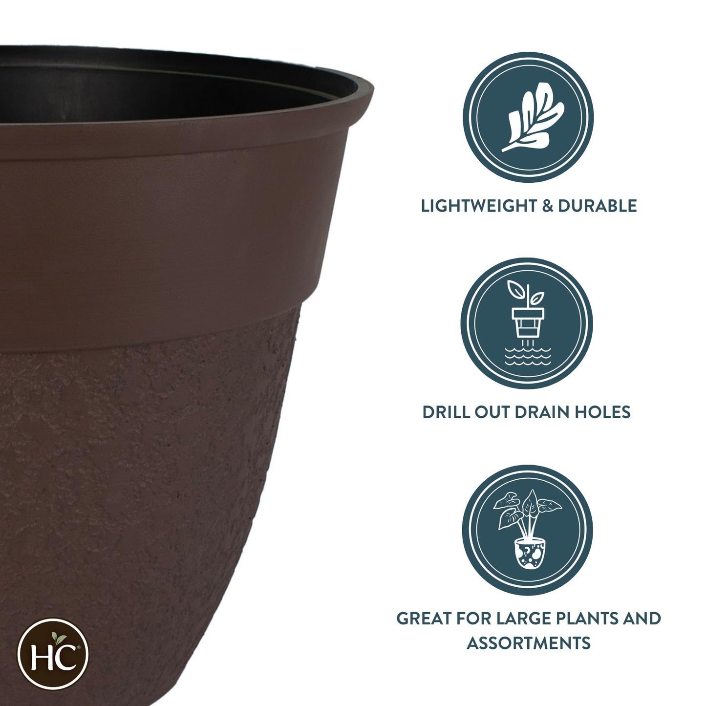 The HC Companies 16 Inch Brookhaven Decorative Round Planter - Lightweight Premium Resin Plant Pot with a Stonelike Texture for Indoor Outdoor Use, Brown