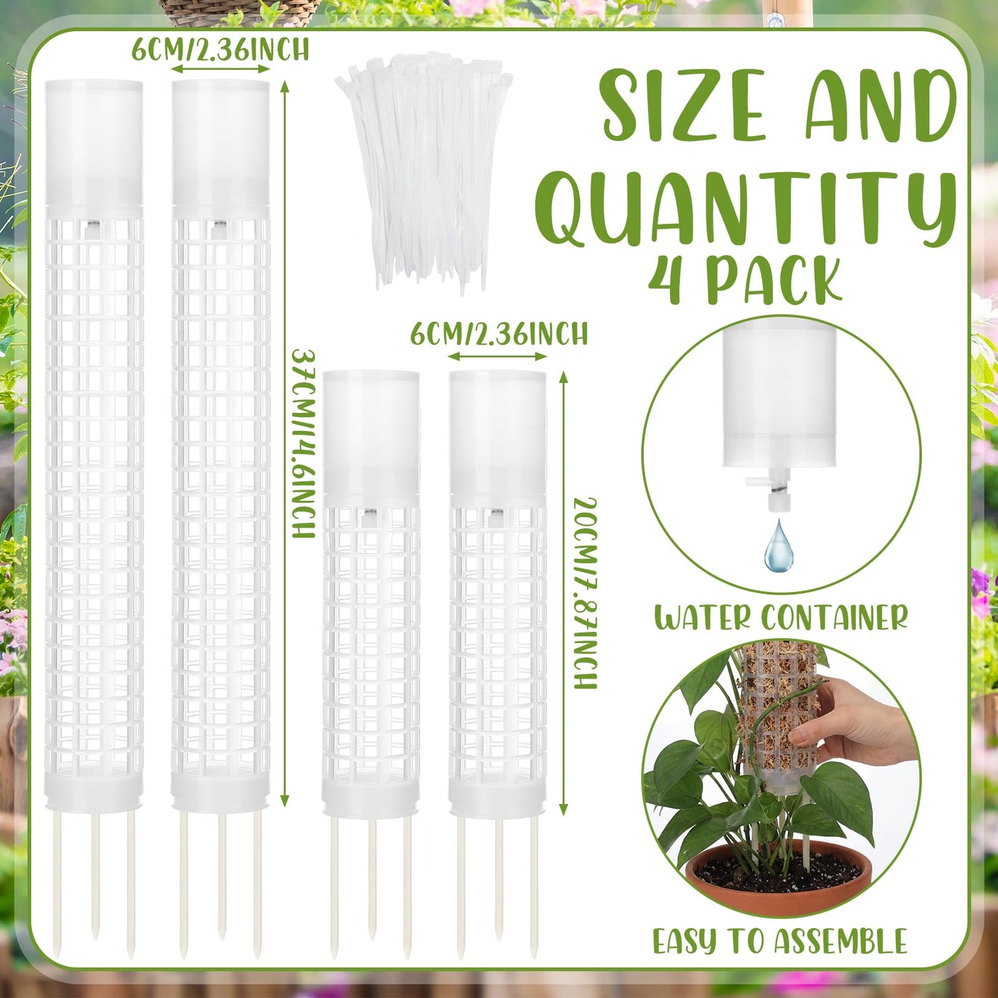 Joyfolk 4 Pack Self-Watering Plastic Moss Stake for Monstera Plant Support Multi-Size Stackable and Refillable Plastic Moss Stakes for Climbing Plants with Large Mesh Design