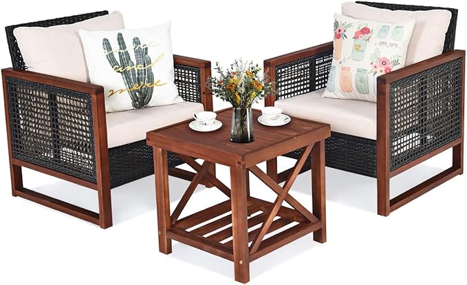 Tangkula 3 Pieces Patio Wicker Furniture Set, Rattan Outdoor Sofa Set