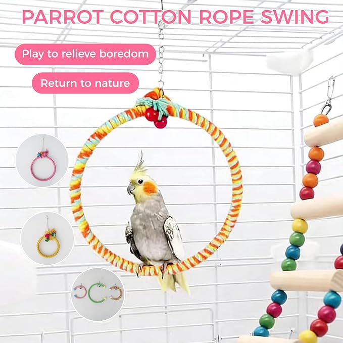 Colorful Circular Bird Swing,Bird Rope Chewing Toys Parrot Cage Bite Toys (Large Round Patterned)
