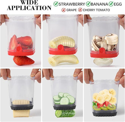 2 Pcs Fruit Slicer Cup, Strawberry Cutter Slicer Cup, Banana Egg Slicers Detachable Fruit with Push Plate, Strawberry Cutter Kitchen Gadget (Black & Red)