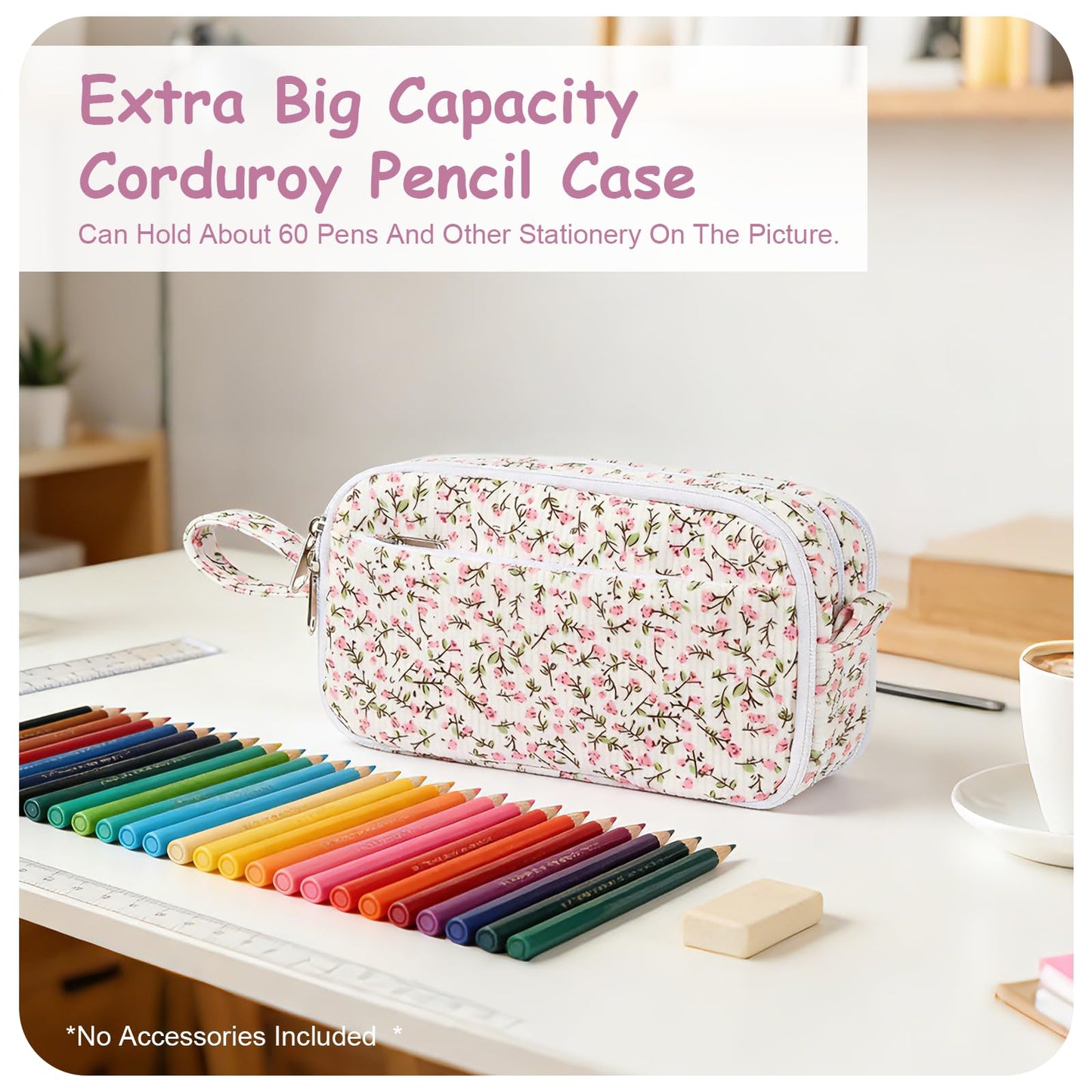 BuyCard Big Capacity Pencil Pouch, Pink Floral Corduroy 4-Compartment Pen Bag, Aesthetic Stationery Organizer for Teen Girls Women, Must-Have for Teacher, Makeup & Electrical Goods Storage Case