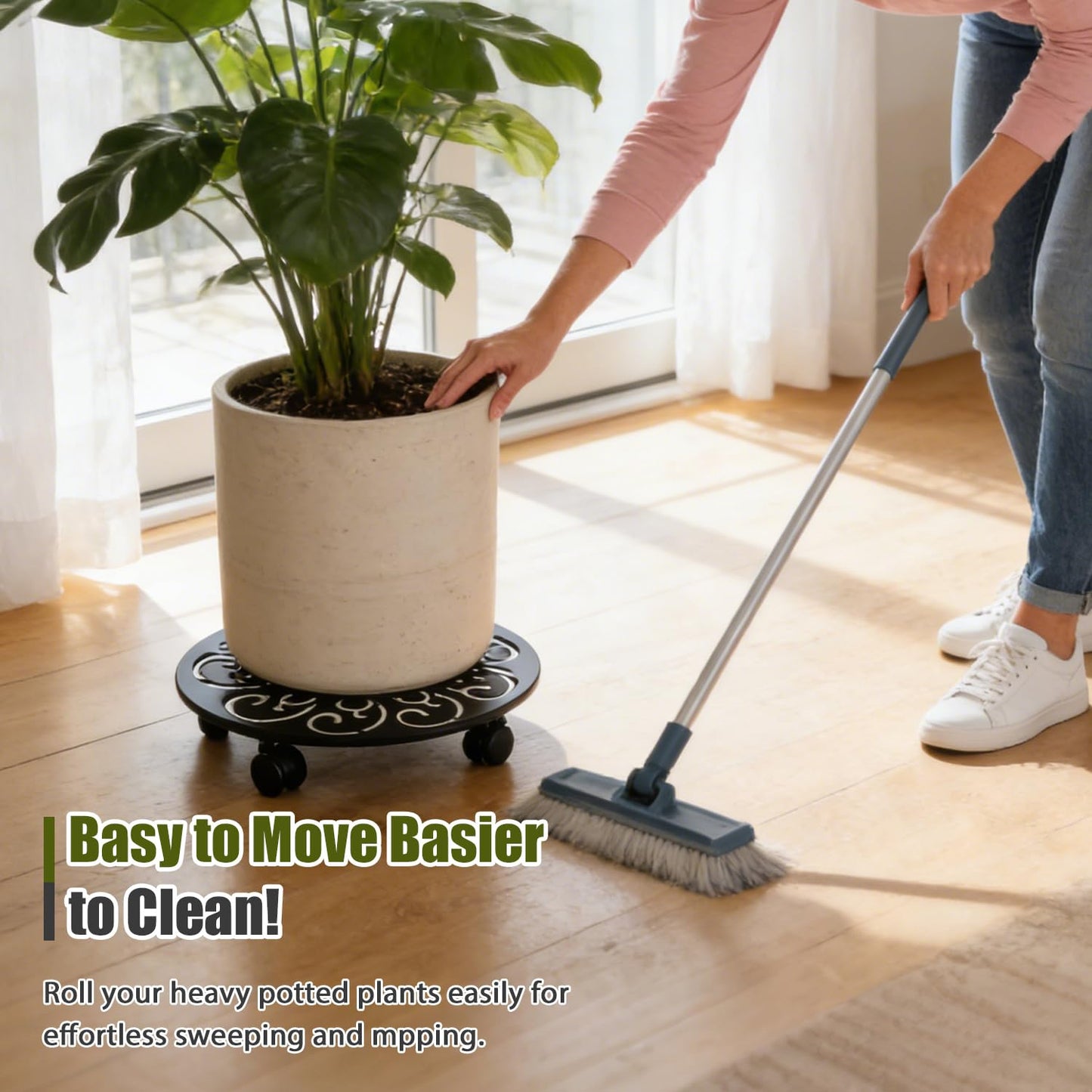 4-Pack 12 Inch Metal Plant Caddy with Wheels Large Heavy-duty Rolling Plant Stands Wheeled Planter Dolly Flower Pot Mover Rollers Rust-proof Garden Coasters Trolley for Indoor Outdoor Use