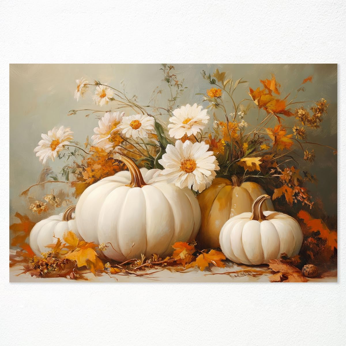Farmhouse Autumn Pumpkin Canvas Wall Art, White Orange Pumpkins Still Life Painting Pictures, Rustic Farm Fall Daisy Flower Posters, Halloween Thanksgiving Autumn Wall Print Decor 16x24in Unframed