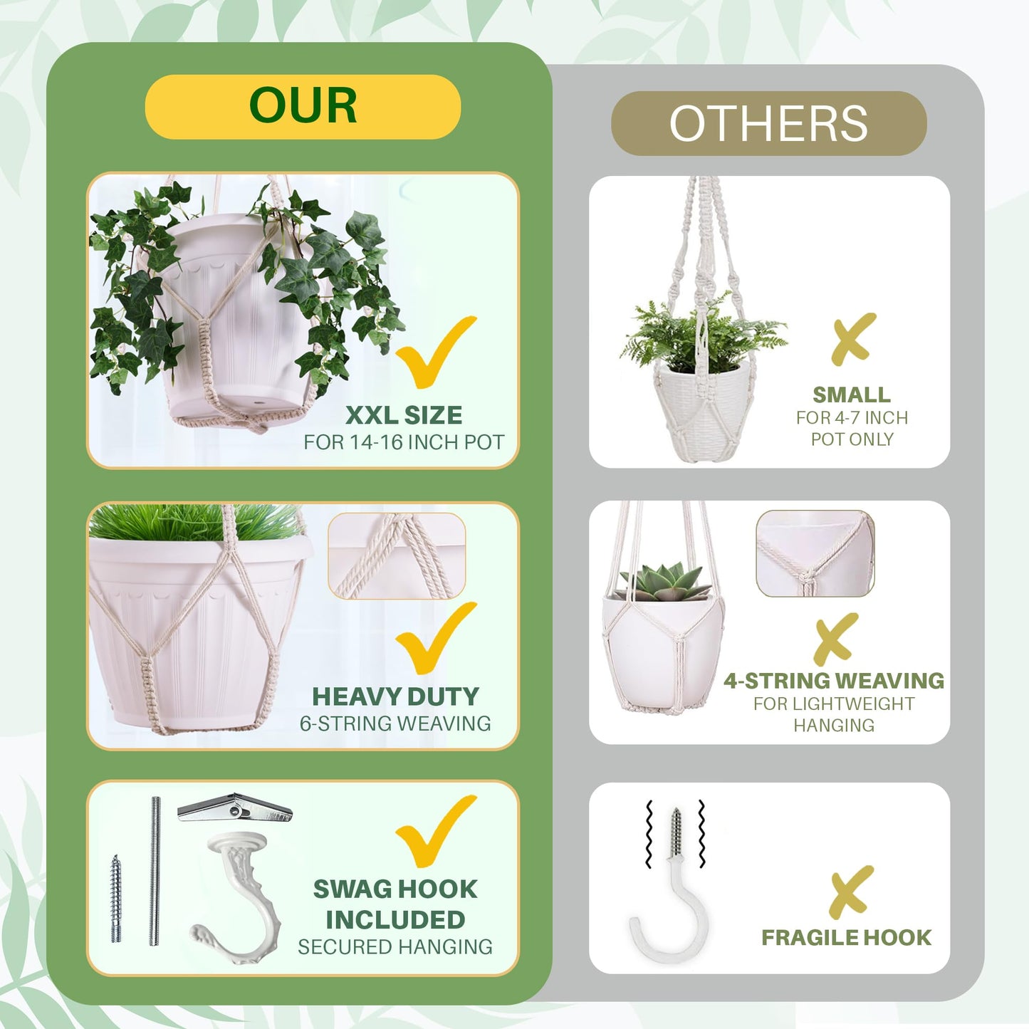 Shineloha Giant XXL 55 Inches Macrame Planter Hanger Large for 15 inch Pot + Swag Hook | Extra Large Hanging Planter for Indoor Plants | No Pot/Plant Included (XXL Black)