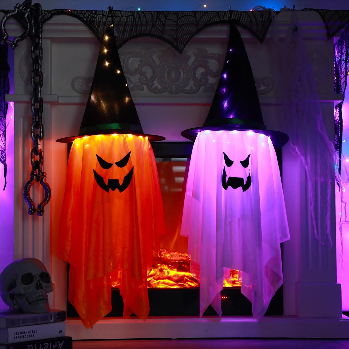 BokingOne Halloween Decoration 2 Pcs Large Halloween Lighted Glowing Ghost Witch Hats, Hanging Ghost Ornaments for Indoor Outdoor Home, Garden, Tree, Yard Party Decor