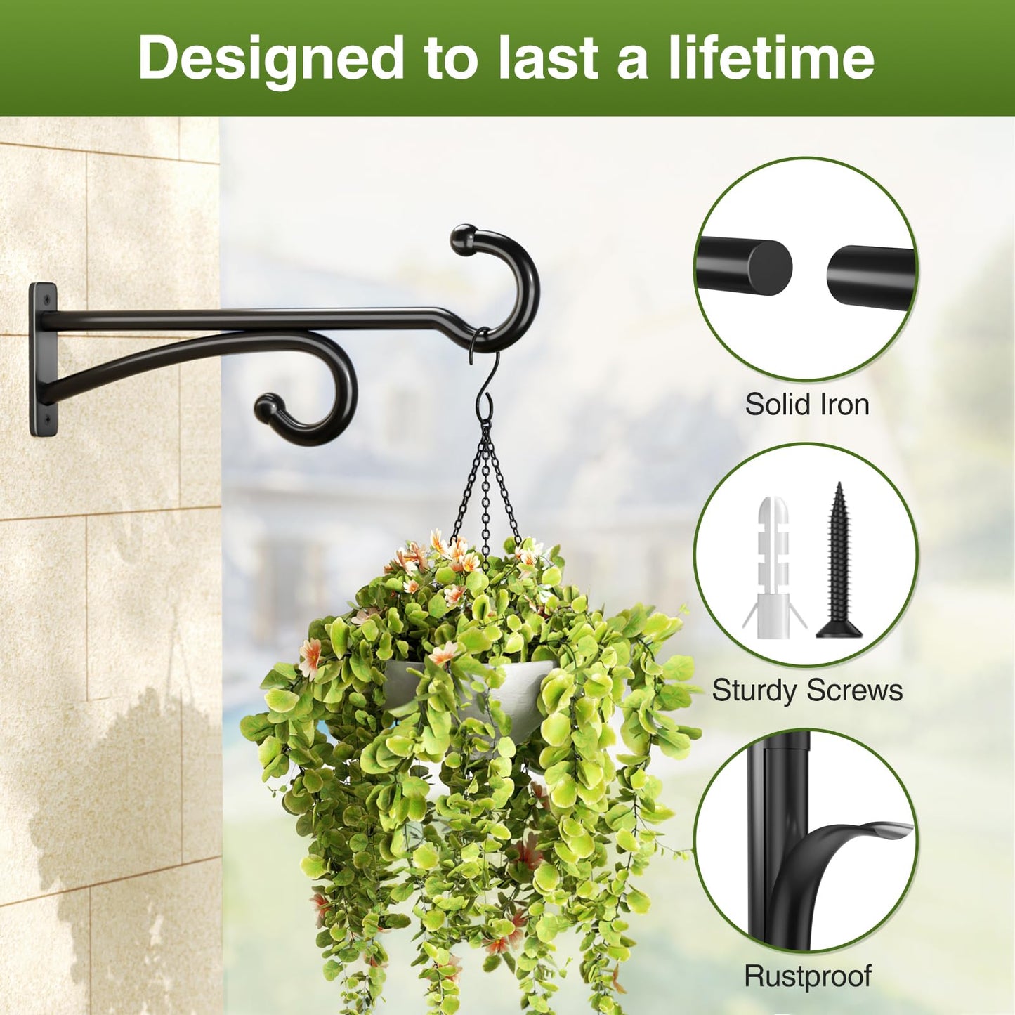 pickpiff 14-Inch Plant Hooks for Hanging Baskets: Plant Hangers Outdoor Indoor, Planters Wall Brackets for Hanging Plants, Bird Feeders, Wind Chimes, Bird Houses, Flower, Metal, Black