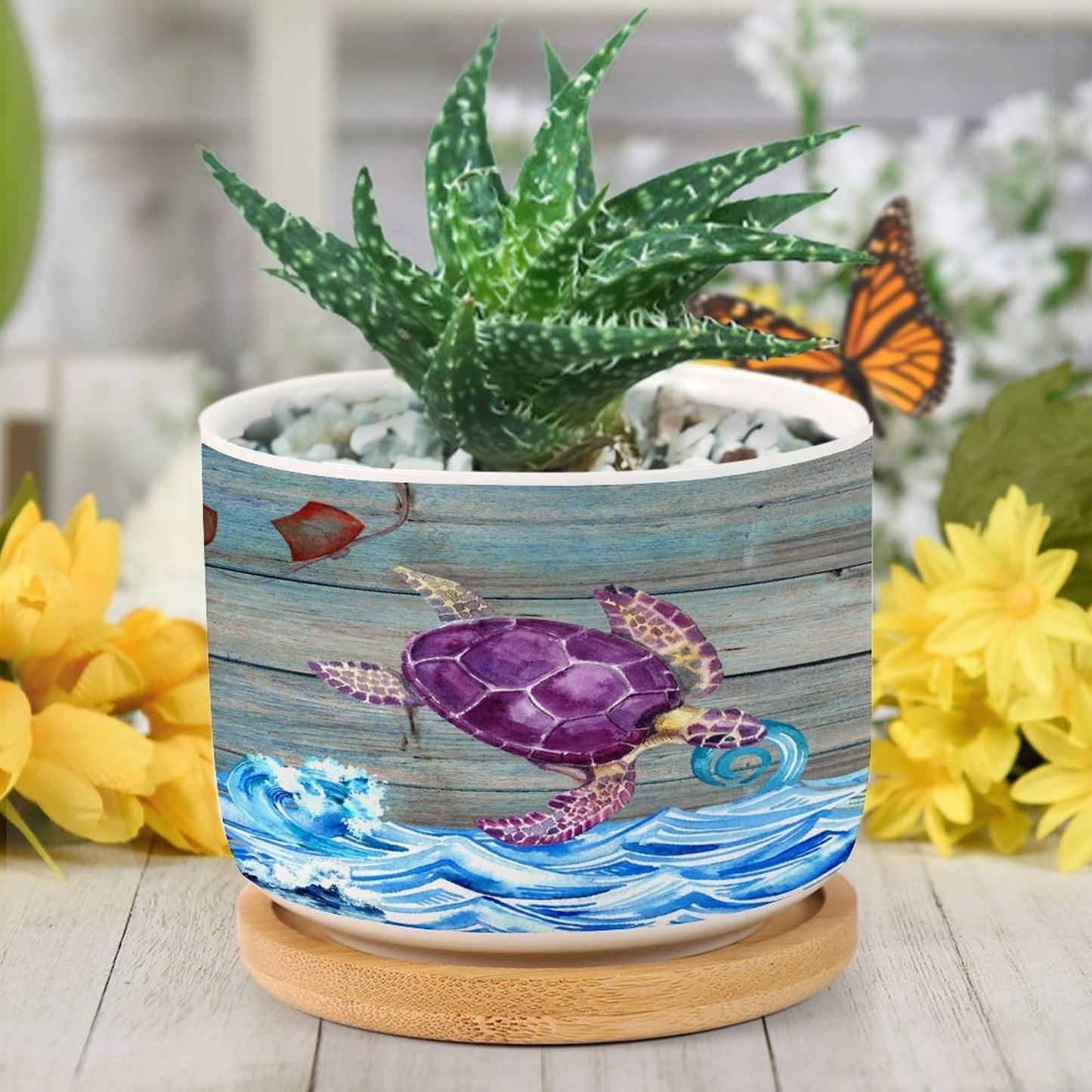 DreamAutumn Ocean Theme Sea Turtle Planter Ceramic Round Plant Pots with Drainage Holes and Bamboo Tray Planting Small Flower Pots for Home Windowsill Desk Garden Indoor Outdoor Use